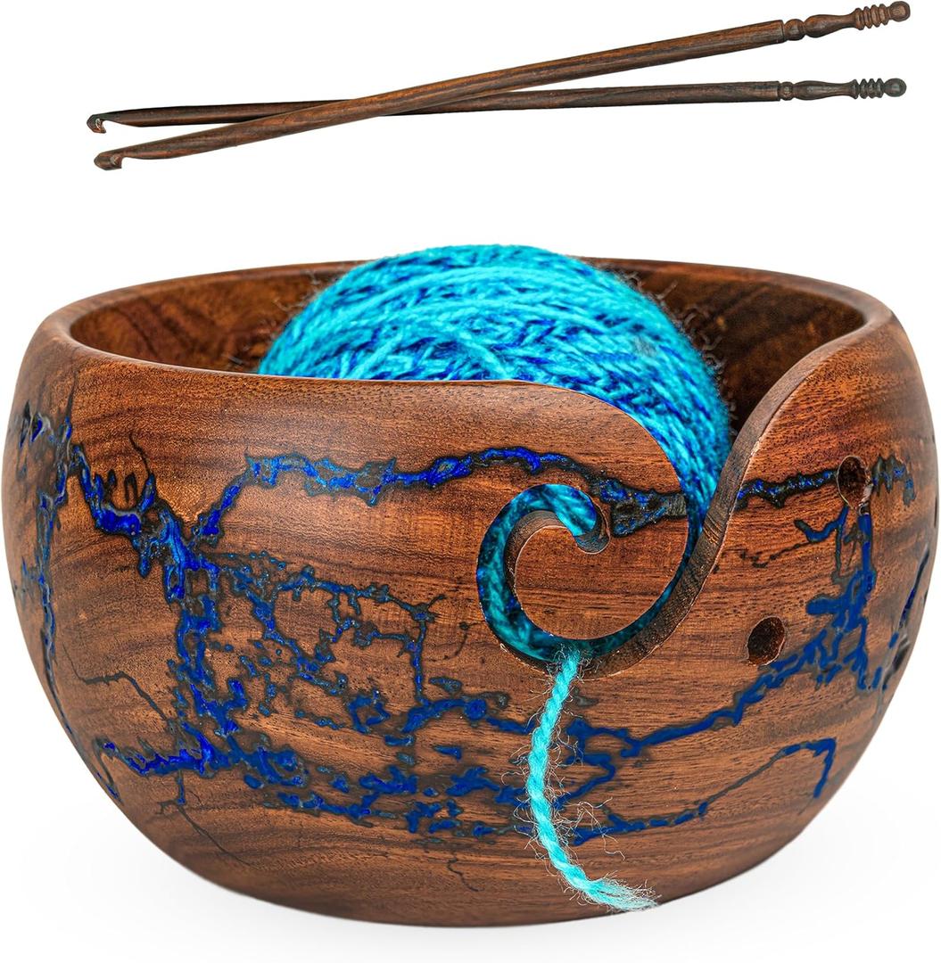Wooden Yarn Bowls for Crocheting & Knitting - Availabe in 2 Sizes, Exquisite Handmade Large Yarn Bowl Holder, Crochet Bowls for Yarn, Knitting Bowl (Blue Resin Large)