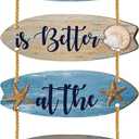 Wooden Surfboard Beach Decor Sign Beach Bathroom Decor Sign Summer Blue Nautical Coastal Wall Art with Seashells Starfish Rope Hanger Ocean Theme Hanging Ornament for Living Room Bedroom