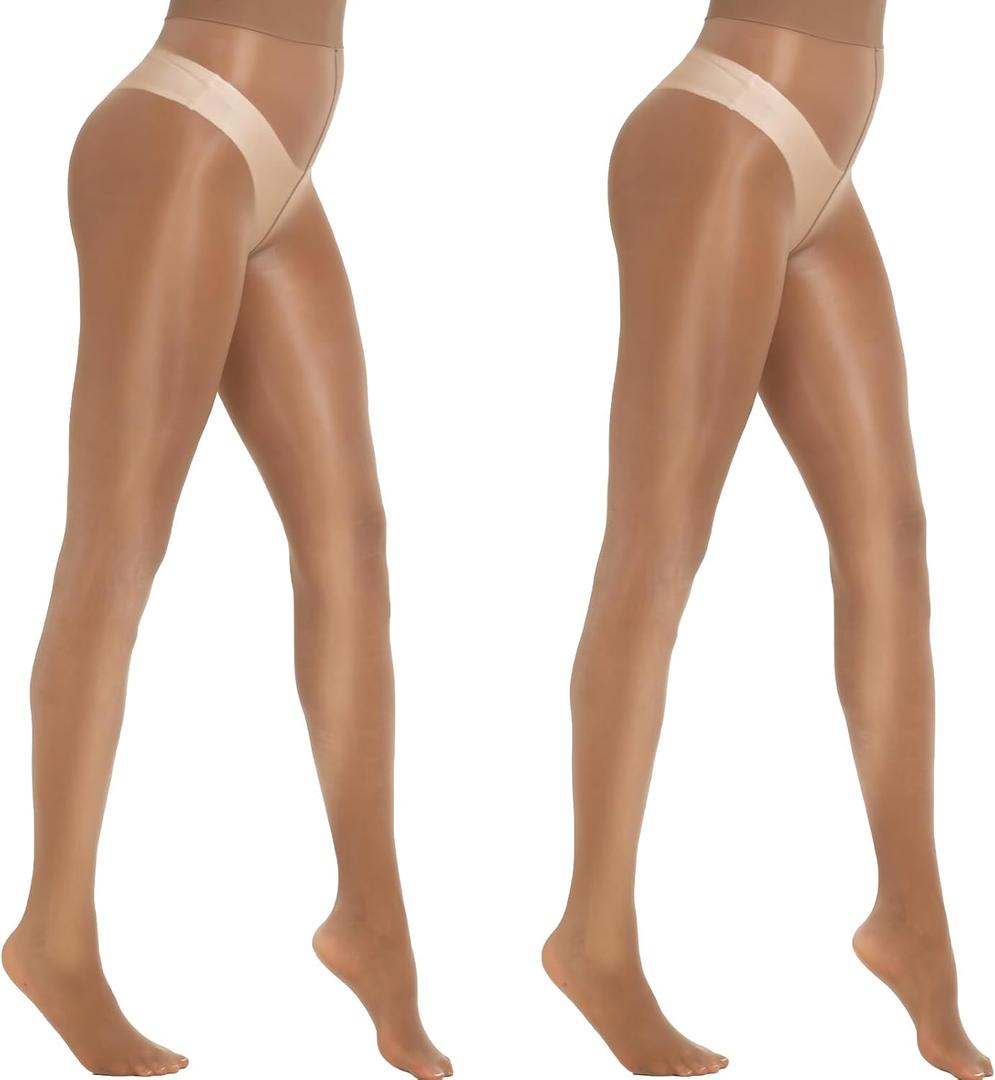 MANZI 2 Pairs Women's Shiny Sheer Tights High Waist Silk Comfort Stockings Oil Shimmery Nylons Pantyhose (Large-X-Large, Brown)