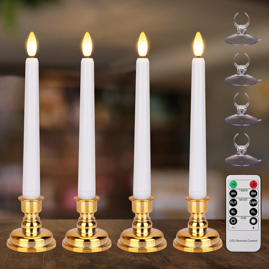 Flameless Taper Candles Flickering with Remote Timer, 4PCS Battery Operated Window Candles with Gold Candlesticks and Suction Cups, 8 Inch Warm White 3D Flame Candle for Home, Xmas Decor(White)