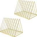 2 PCS Desktop Triangle Book Magazine Holder, Iron Metal Book Stand File Organizer Folder Holder for Office, 9 Slots Gold Classified Storage Rack, Record Display Rack for Home Decoration