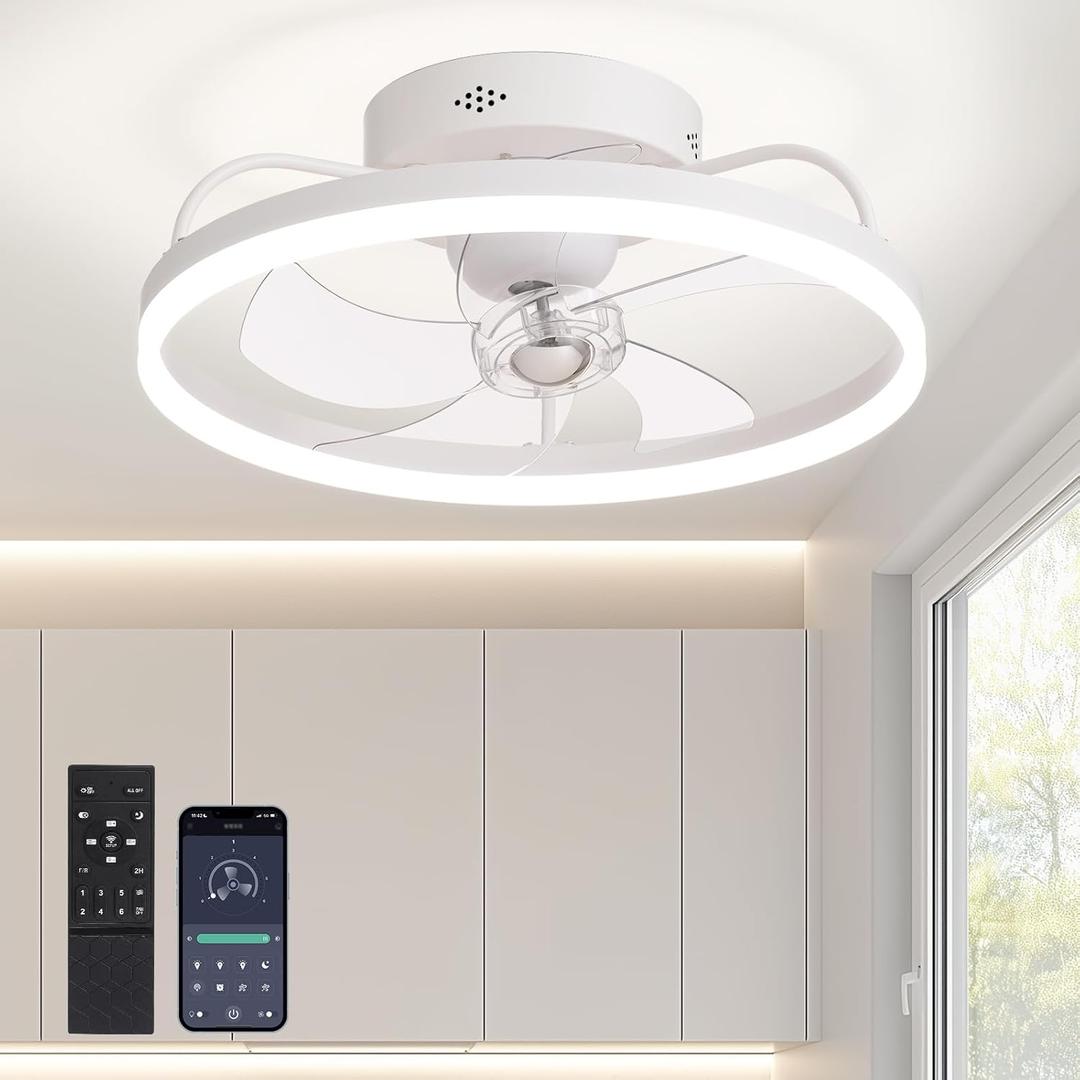 Ceiling Fans with Lights, 360 Rotating Ceiling Fan with Lights and Remote, 6 Wind Speeds Flush Mount Ceiling Fan for Bedroom, Dining Room and Kitchen 20" (White)