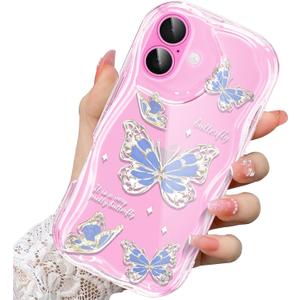 Compatible for iPhone 16 Case, Pretty Butterfly Print Three-Dimensional Wave Clear Case for Girls Women, Soft Full Package Anti-Fall Cover for iPhone 16, Water Blue Butterfly