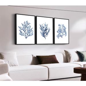 Large Framed Coral Wall Art, Navy Blue Coastal Ocean Life Prints, 20"x28"x3