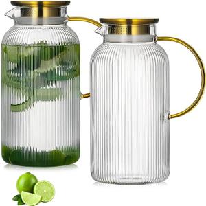 Buaic 2 PACK Glass Pitcher with Lid, 68 oz/ 2 Liter Classic Vertical Stripes Water Pitcher with Handle,Glass Water Carafe for Cold Brew, Coffee, Lemonade, Iced Sun Tea,Beverage,Heat Resistant