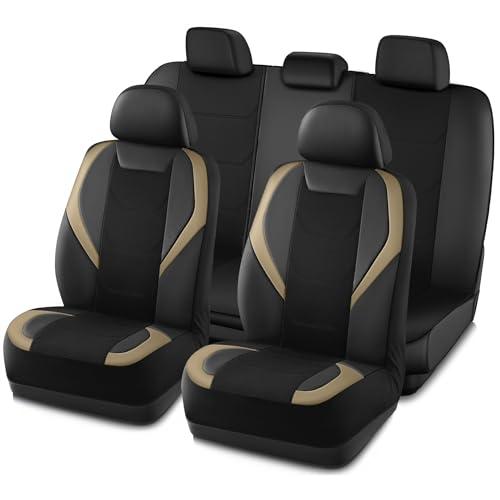 Road Comforts Car Seat Cover Full Set, Leather Mesh Seat Covers, Airbag Compatible, Universal Fit for Most Cars, SUVs, Trucks, and Vans - Beige