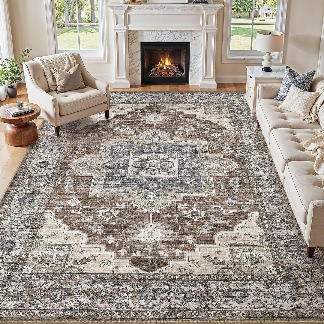Washable 9x12 Area Rugs Living Room: Vintage Soft Dark Brown Rug