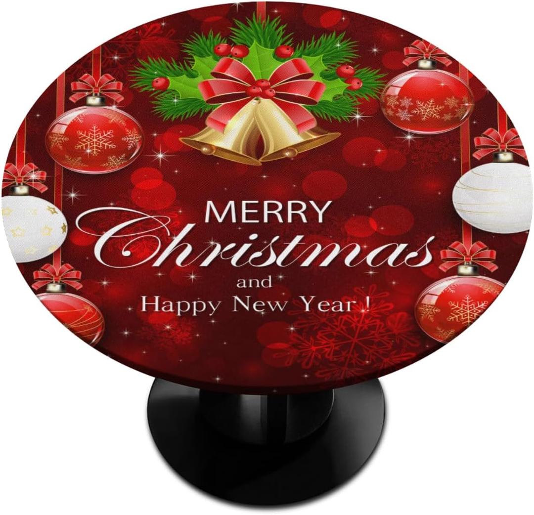 Pardick Christmas Decor Round Fitted Tablecloth Xmas Red Circle Table Cover with Elastic Wipeable Outdoor Round Table Cloths for Kitchen Party Patio Holiday Decorate Size 48 Fit for 45"-50" Tables (Z02-Xmas 3)