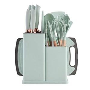 19-Piece Kitchen Utensil & Knife Block Set: 12 Non-Stick, Heat-Resistant Silicone Cooking Utensils (Spatula, Tongs, Ladle, Scissors) + 5 Sharp Kitchen Knives & Cutting Board (Green)