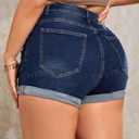 MapleHub Plus Size Women's Ripped Denim Jean Shorts High Waisted Stretchy Folded Hem Short Jeans (Dark Blue 2)