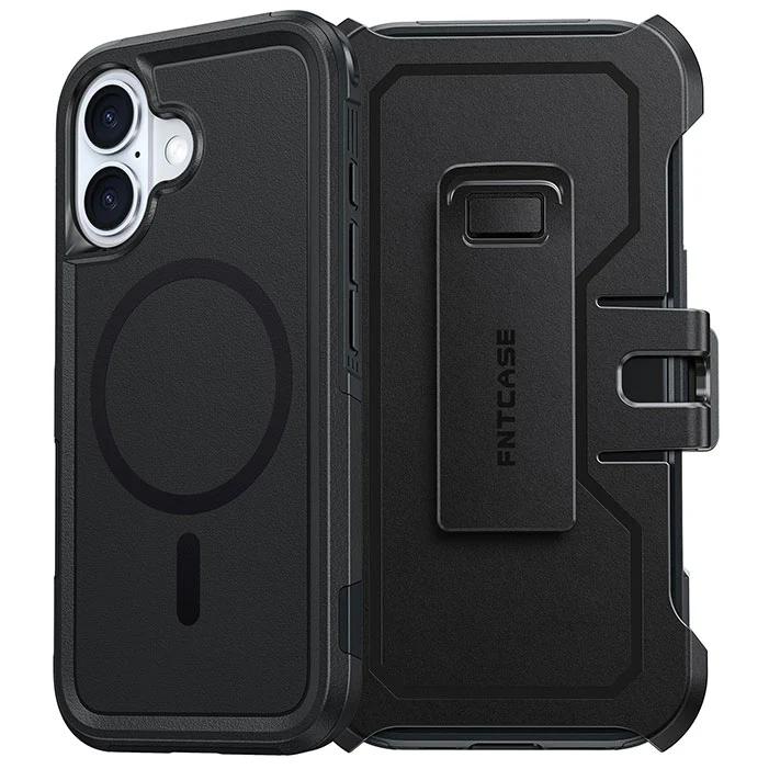 FNTCASE for iPhone 16 Magnetic Case: Dual Layer Shockproof Protective Cell Phone Cover with Rugged Belt-Clip Holster | Heavy Duty Military Grade Drop Protection Non Slip Textured Phonecase Black