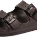 FUNKYMONKEY Women's Comfort Slides Double Buckle Adjustable EVA Flat Sandals (6, Dark Brown)