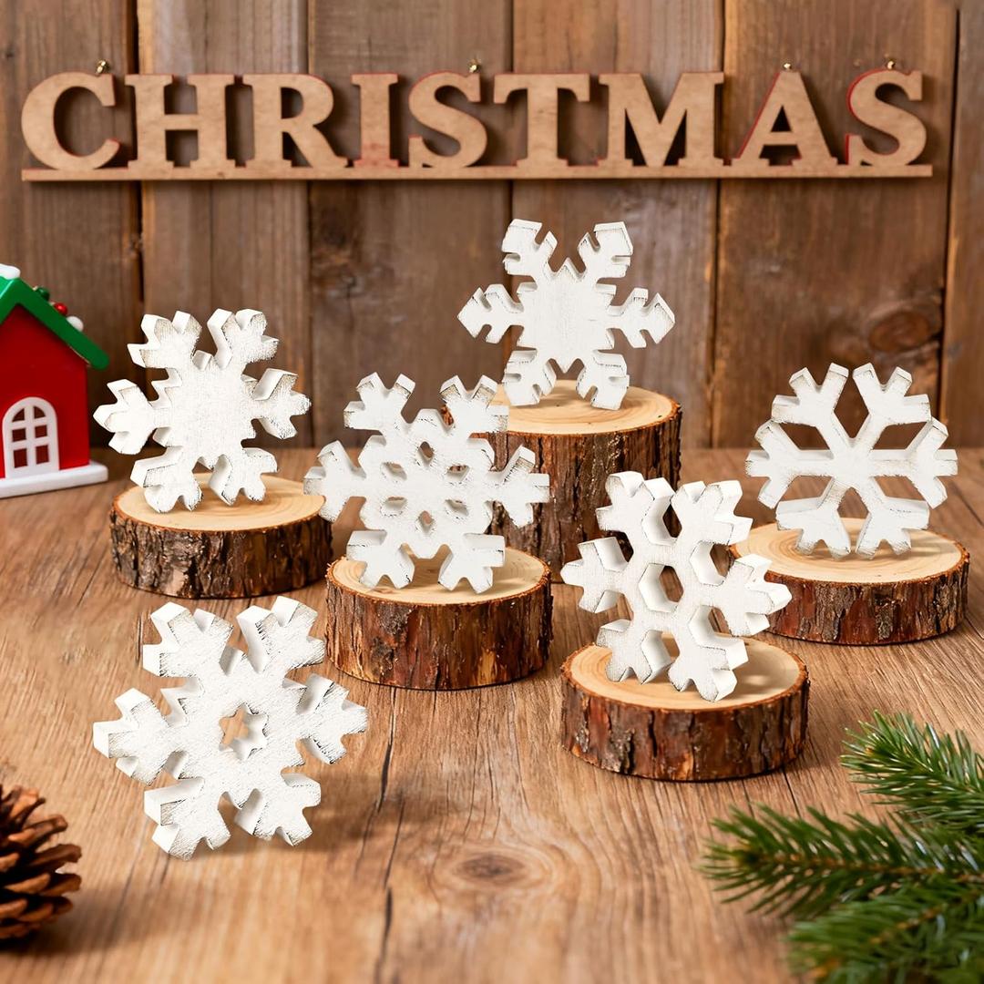 6Pcs Christmas Wooden Snowflake Decor Winter Snowflakes Table Signs Centerpieces Decorations Standing for Xmas Holiday Party Home Tabletop (Retro)