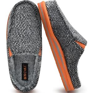 ONCAI Mens Clog Slippers with Arch Support Stripe Faux Fur Cotton-Blend High-Density Memory Foam Warm House Slippers Slip-on Indoor Outdoor Rubber Sole size 12
