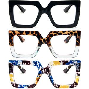 REAVEE 3 Pack Oversized Reading Glasses for Women Large Frame Extra Wide, Blue Light Blocking Stylish Thick Square Readers (Black + Leopard Blue + Blue Yellow)
