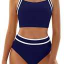 edium)Women's Two Piece High Waisted Sporty Tummy Control Bathing Suit, Blue, Medium