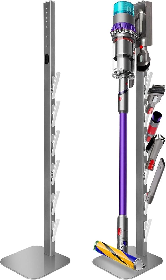 Haturi Vacuum Stand Compatible with Dyson G5 V15 V12 V11 V10 V8 V7 V6, Hidden Power Cord Standing Dock Holder, Metal Docking Station for Dyson Handheld Cordless Vacuum Cleaner & Accessory & Attachment (with Rectangular Base, Silver)