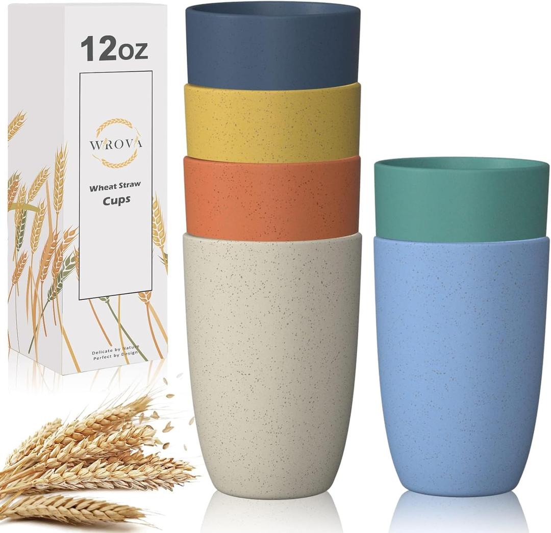 Wrova Wheat Straw Cups 6 PCS Good Alternative to Plastic Reusable Cups 12 oz Unbreakable Drinking Cup Reusable Dishwasher Safe Water Plastic Glasses with 6 Colors (Orange,Light Blue,Yellow,Beige,Green,Navy Blue)