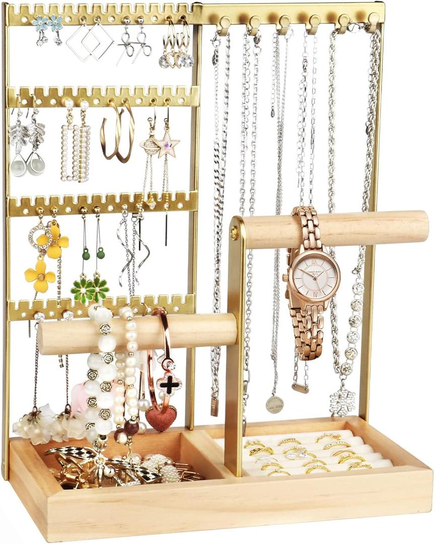 Jewelry Organizer Stand Gold, 4-Tier Necklace Earring Holder Organizer with Tray, Jewelry Holder Organizer for Rings Earrings Necklaces Bracelets, Gold Jewelry Stand