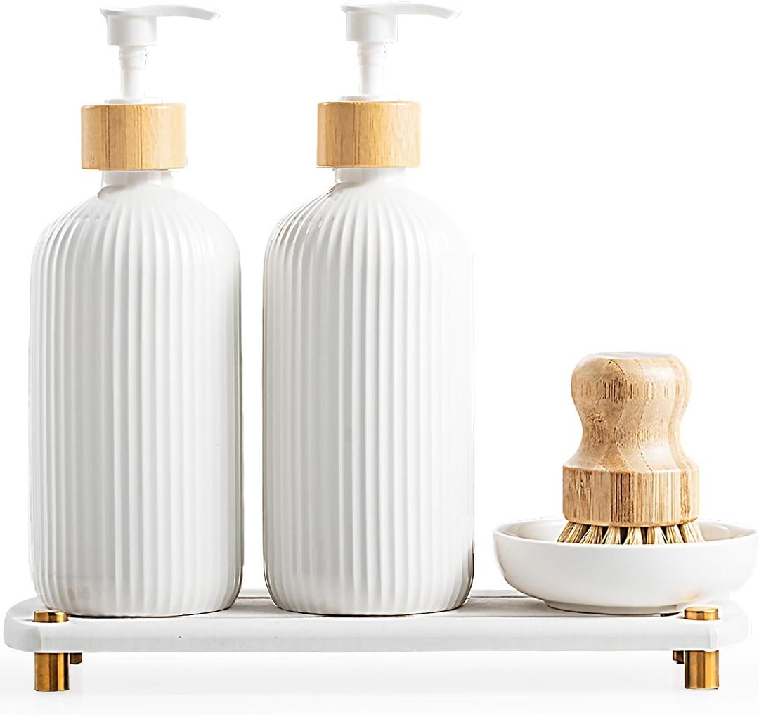 Getstar Hand and Dish Soap Dispenser Set, Ceramic Soap Dispenser for Bathroom and Kitchen with Rust Proof Pump and Tray, Set of 2 (White Pump&Body w/Brush)