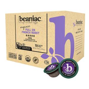 beaniac Organic Full On French Roast, Dark Roast, Single Serve Compostable K Cup Coffee Pods, Organic Arabica Coffee, Keurig Brewer Compatible, 72 Countm, Best Before 08/19/2025 