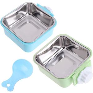 Crate Dog Bowl, Removable Stainless Steel Water Food Feeder Bowls Hanging Pet Cage Bowl Cage Coop Cup for Dogs Cats Puppy Rabbits Bird and Small Pets (Small (Pack of 2), Square (Blue+Green))