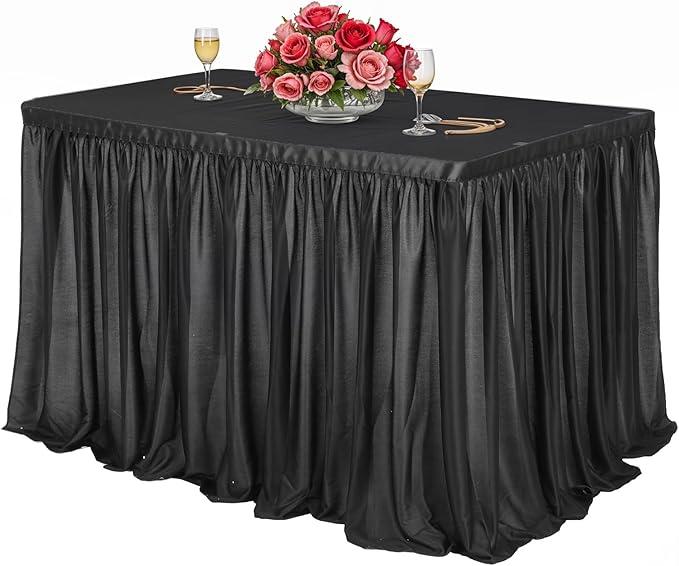 6ft Black Table Skirts for Rectangle Tables Polyester Desk Skirt Ruffle Cloth Table Skirting Tablecloth for Wedding Birthday Party Baby Shower Dessert Table Decorations (Black)