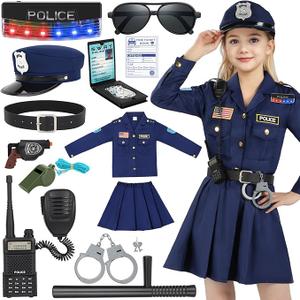 Luucio Police Officer Costume for Girls, Police Costume for Kids with Cop Uniform, Halloween Costumes for Kids Girls 3-12, M