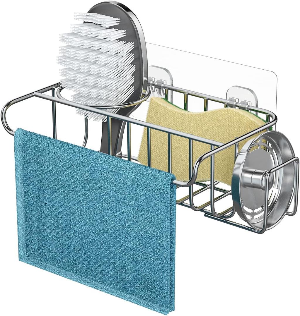 HapiRm 4 in 1 Sink Caddy Sponge Holder, SUS304 Stainless Steel Kitchen Brush Holder + Dish Cloth Hanger + Soap Rack + Sink Stopper Rack + Sponge Caddy for Kitchen - Silver
