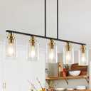 Island Light for Kitchen, 5 Lights Dining Room Lights Fixture with Clear Glass Shade, Matte Black and Gold Finish Pendant Lighting Over Table - ETL Listed