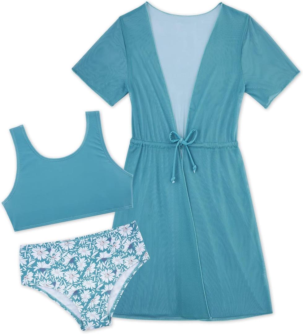 Enlifety 5-16T Girls 3 Piece Bikini Swimsuit Quick Dry Bathing Suit with Kimono Cover Up (11-12 Years, Green Daisy)