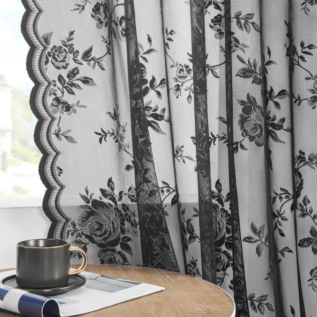 Black Lace Curtains - 72 Inch Length, 2 Panels Sheer Floral Curtains for Living Room, Bedroom, Kitchen - Rod Pocket, Light Filtering, Victorian, Goth, Shabby Chic Decor, 52x72