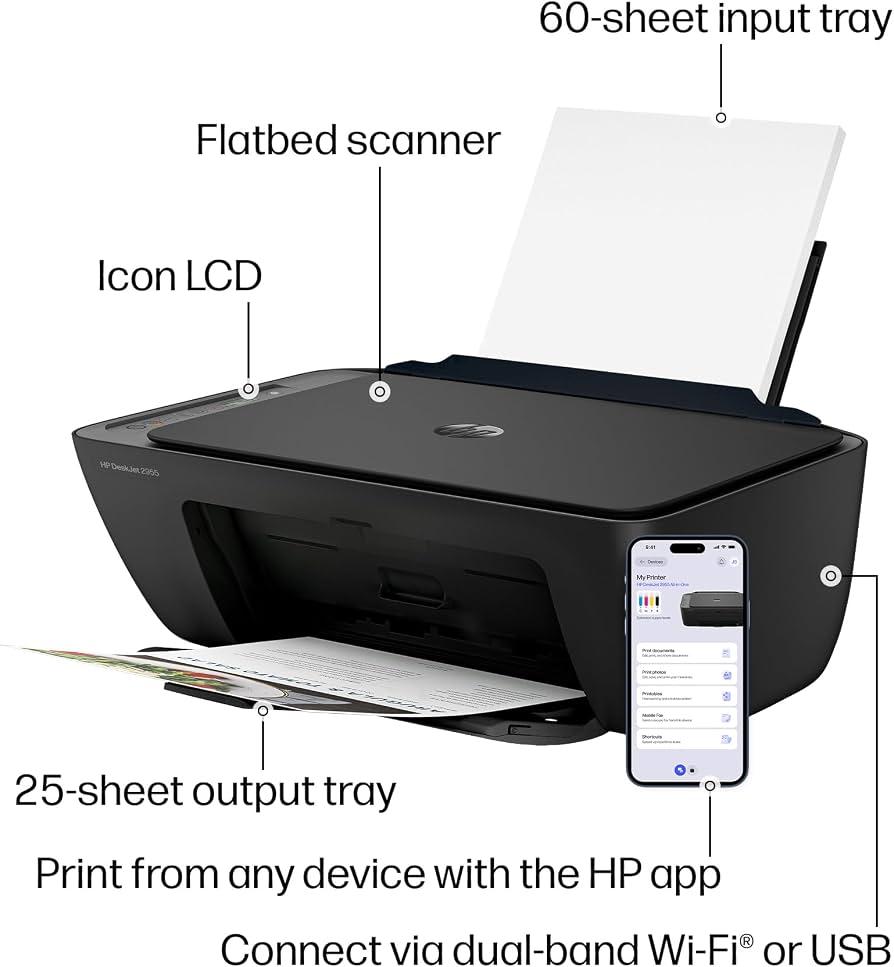 HP DeskJet 2955 Wireless All-in-One Color Inkjet Printer, Scanner, Copier, Best-for-Home, 3 Month Trial of Instant Ink Included, AI-Capable (A24HJA)