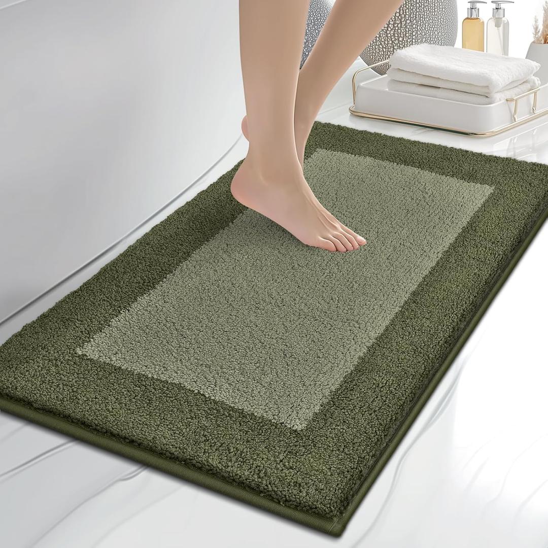 Bathroom Rugs 20" x 30", Non-Slip Extra Soft Absorbent Bath Rugs, Machine Washable Quick Dry Bath Mats for Bathroom Floor, Shower, Bathtub and Sink, Olive Green & Green