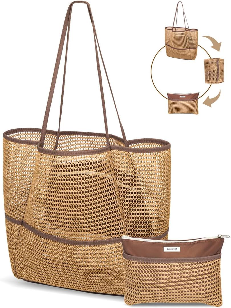 Mesh Beach Tote Bag Packable,2026 New 2-in-1 Large Lightweight Foldable Beach Bags with Multiple Pockets for Women
