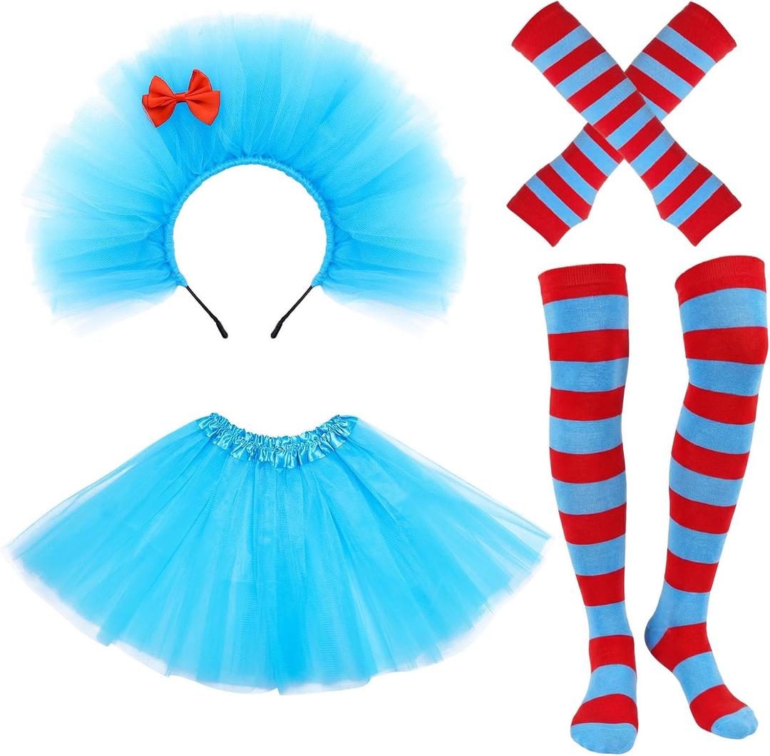 4PCS Blue Tulle Tutus Costume Set Mesh Tutus Skirt Puffy Headband Bow Socks Arm Gloves for Women World Book Day Halloween Cosplay Party Dress-Up Festival Costume Accessories Outfit