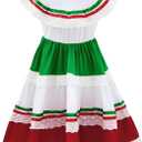 Traditional Mexican Dress for Girls - Cinco de Mayo Outfit, Elasticized Long Dress with Lace Design (3-4T, Red Green)