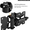 2 Pack Self Closing Gate Hinges for Wooden Fences Heavy Duty Solid Vinyl Fence Gate Closer Hinges with 22 Screws Swing Adjuster Tool 90 Degree Tension Gate Hardware Kit Black Finish