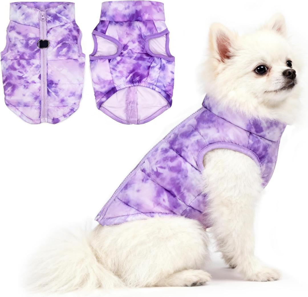 Idepet Pet Dog Cat Coat with Leash Anchor Color Patchwork Padded Puppy Vest Jacket Teddy Chihuahua Costumes Pug Cloth (X-Small,Purple Tie-dye)