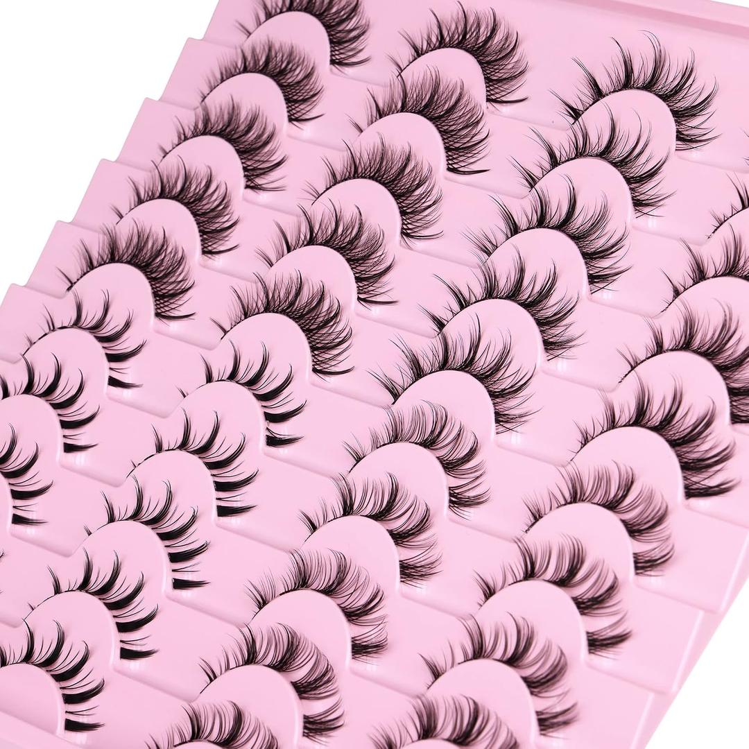 Manga Lashes Natural Look Anime False Eyelashes 20 Pairs Clear Band Individual Wispy Fake Eyelashes Strip Spiky DIY Cluster Lashes Extension C-curly Cat Eye Lashes Pack