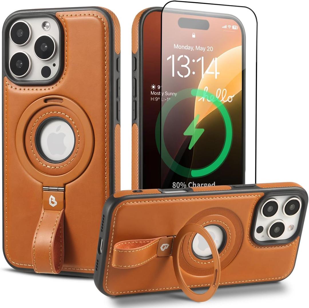 Magnetic Ring Grip Holder for Phone Case | Protective Phone Leather Case | Compatible with MagSafe | Built in Kickstand (Brown, IP 16 Pro Max (6.9inch - Triple Camera)) (IP 16 Pro Max (6.9inch - Triple Camera), Brown)