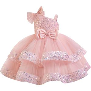 OBEEII Birthday Dress for Toddler Girl Sequins Pageant Tulle Tutu Dress Bowknot Princess Baptism Wedding Flower Girl Gown (5-6 Years, Pink)