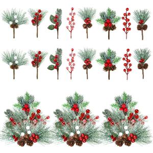 Christmas Decorations - 40 Packs Snow Artificial Christmas Picks Red Berry Stems Sprays Faux Cedar Holly Pine Needles Branches Christmas Tree Picks for Xmas Winter Holiday DIY Crafts Wreath Tree