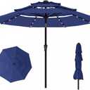 10ft 3-Tier Patio Umbrella with 32 Solar Powered LED Lights, Windproof Outdoor Market Umbrella for Deck, Poolside & Garden, Sturdy Push-Button Tilt Table Umbrella, Navy Blue