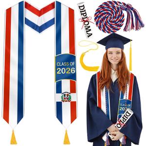 3 x 4Pcs Graduation Flag Stole Sash Class of 2026 with Grad Cap Tassel Scroll Honor Cord