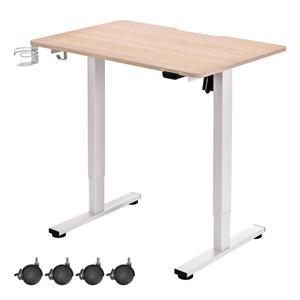 yaaqoo Small Standing Desk with Wheels, 35" x 24" Whole Piece Electric Height Adjustable Desks, Rolling Sit Stand Workstation with Cup Holder, Hook, White Frame, Oak Table Top