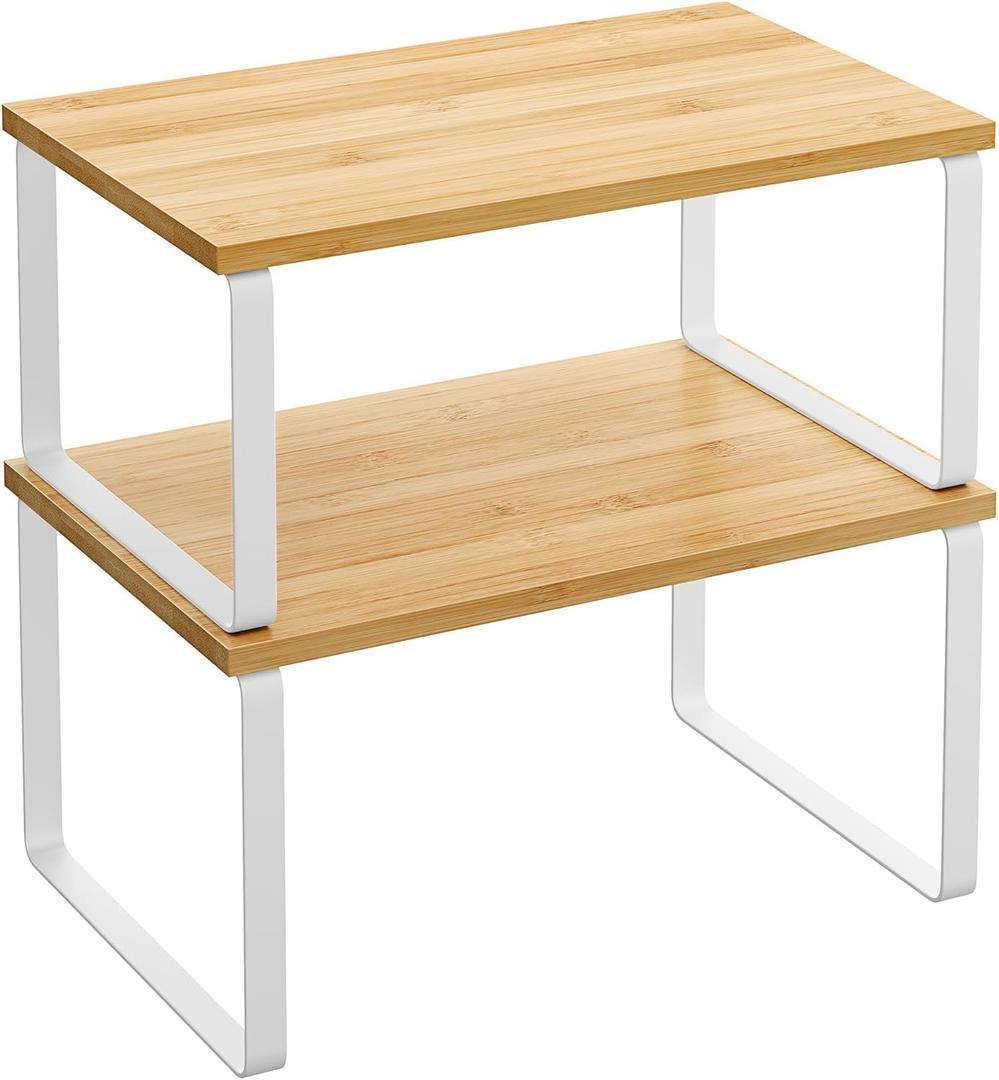 SONGMICS Cabinet Organizer Shelf, Set of 2 Kitchen Counter Shelves, Kitchen Storage, Spice Rack, Stackable, Expandable, Metal and Engineered Wood, Cloud White and Natural Beige UKCS02NW (11.7"W)