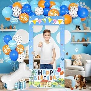 Birthday Decorations for Boys, Happy Birthday Banner, 30 Balloons, Bone Foil Balloon, Photo Booth Props for Men(Blue Dog)