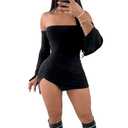 Women Sexy Off Shoulder Side Slit Bodycon Mini Dress Ruched Long Flare Sleeve Night Club Party Dress Black, M