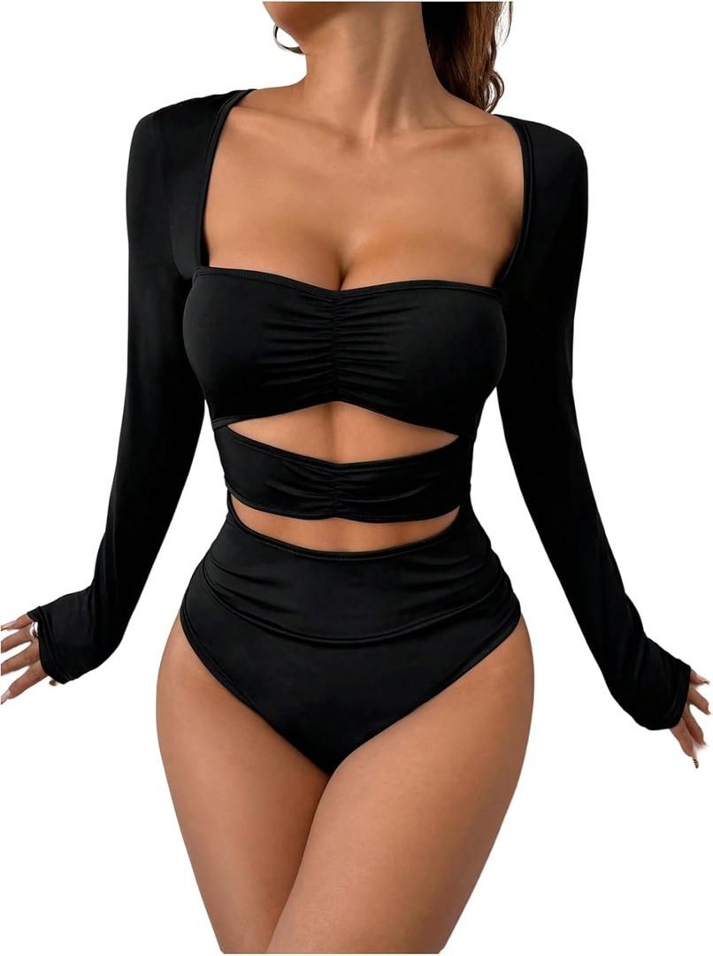 SHENHE Women's Cut Out Long Sleeve Bodysuit Dressy Ruched Party Concert Leotard Top Clubwear (Medium, Black)